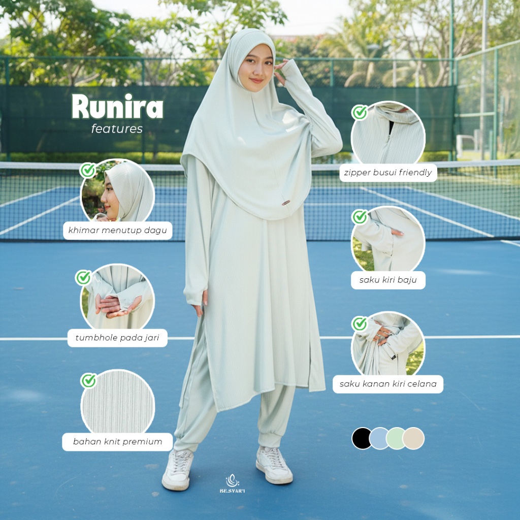 Be.Syar'i x Zaneva Muslimah Sportwear - Runira set Sporty | OneSet Tunik Celana Hijab Olaraga Wanita