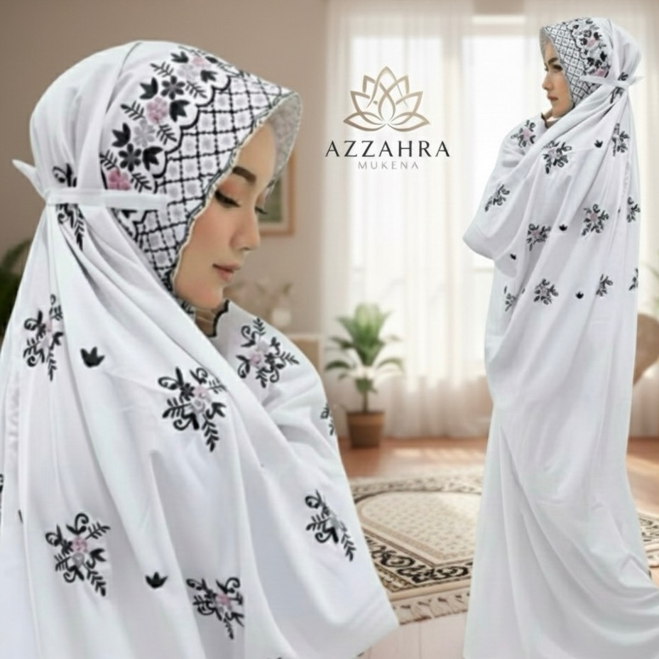 Mukena Terusan PRO MAX Putih Bordir Bunga Hitam Mewah. Mukenah Lajuran/Langsungan Santri, Bahan Katu
