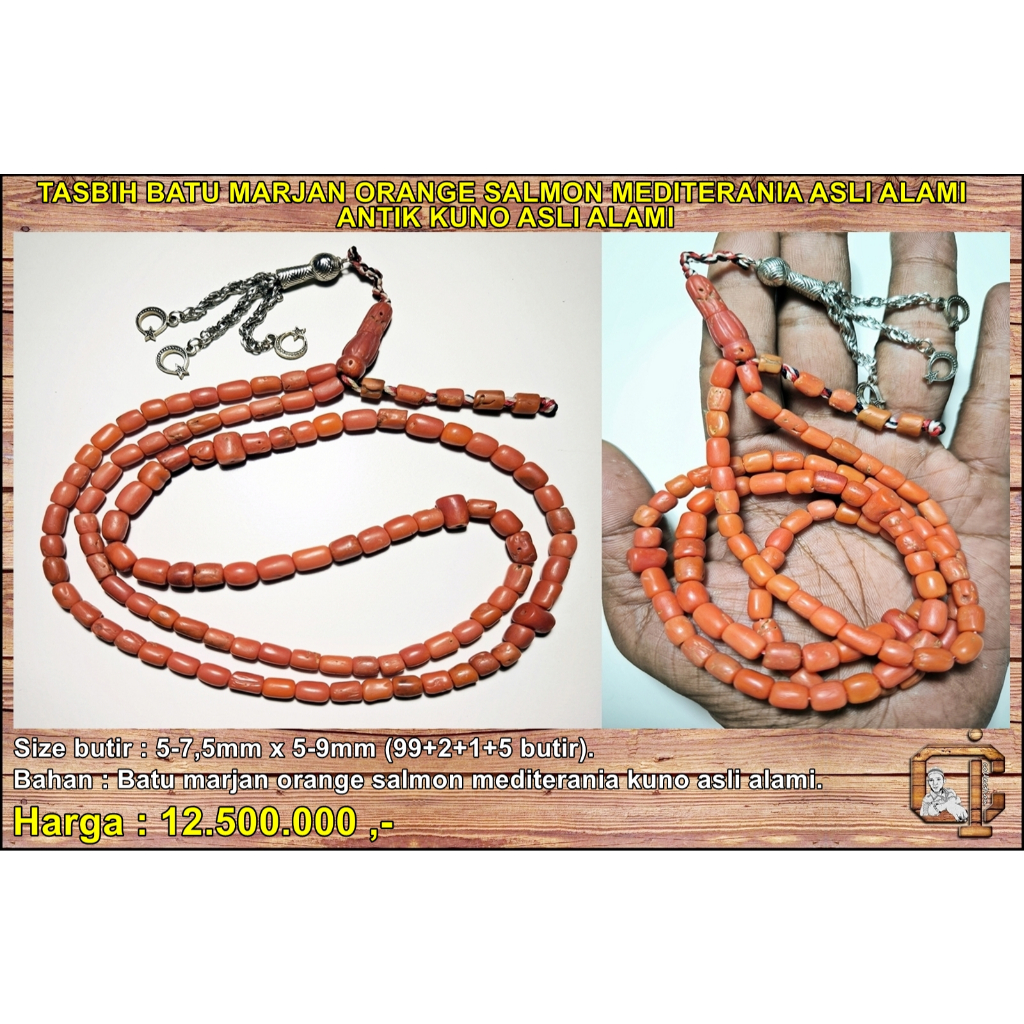 Tasbih batu marjan orange salmon mediterania antik kuno asli alami.