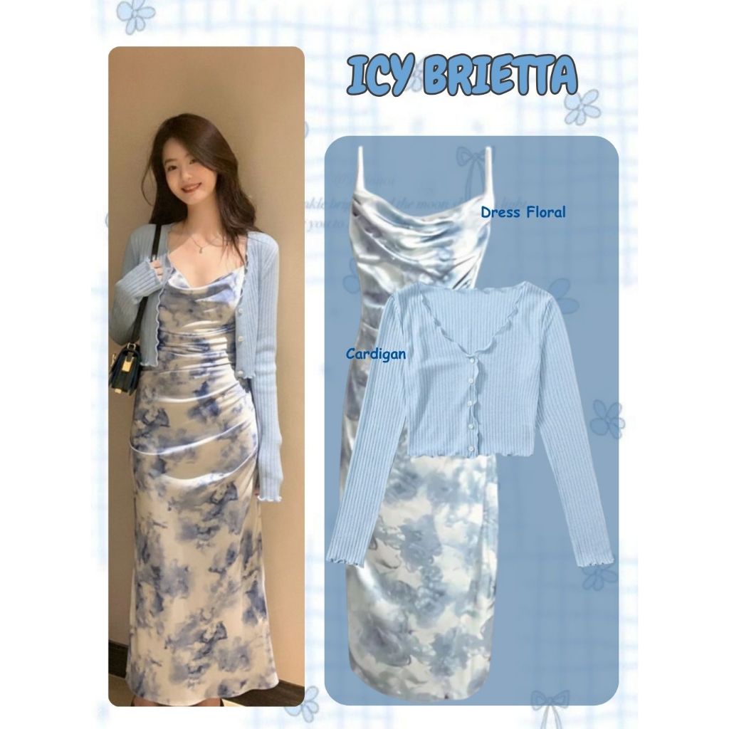 Blue Floral | 2 IN 1 | Midi Dress + Cardigan Waffle | Outfit Korean Style | One Set Pantai Wanita | 