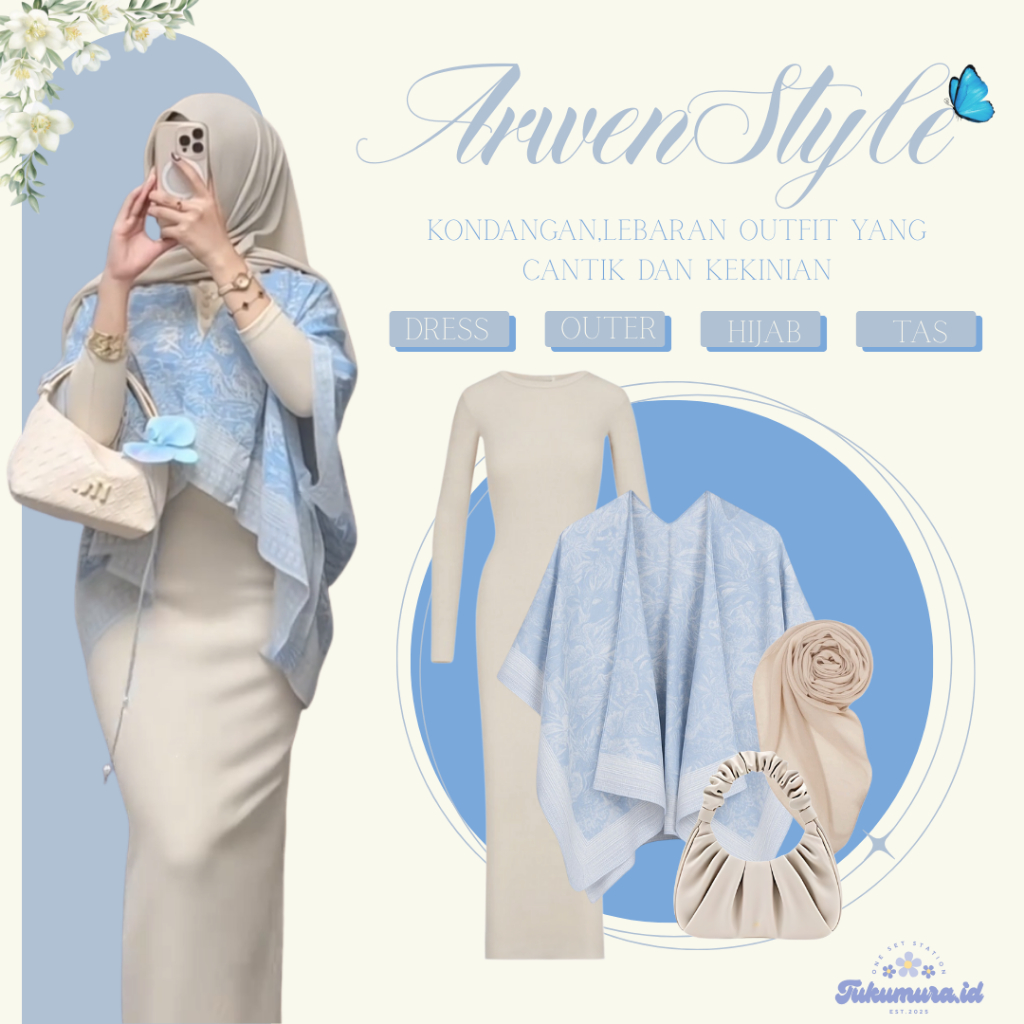 Set Outer Hijab Iftar 4in1 (Arwen Outer Biru + Orina Long Dress Krem+ Hijab Segiempat)Kondangan OOTD