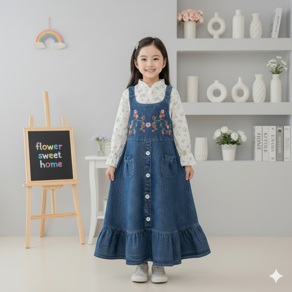 Gamis Anak Perempuan Jeans Bordir Bunga Mewah Overal Jeans Elora Bordir Bunga Anak Perempuan 3-10 Ta