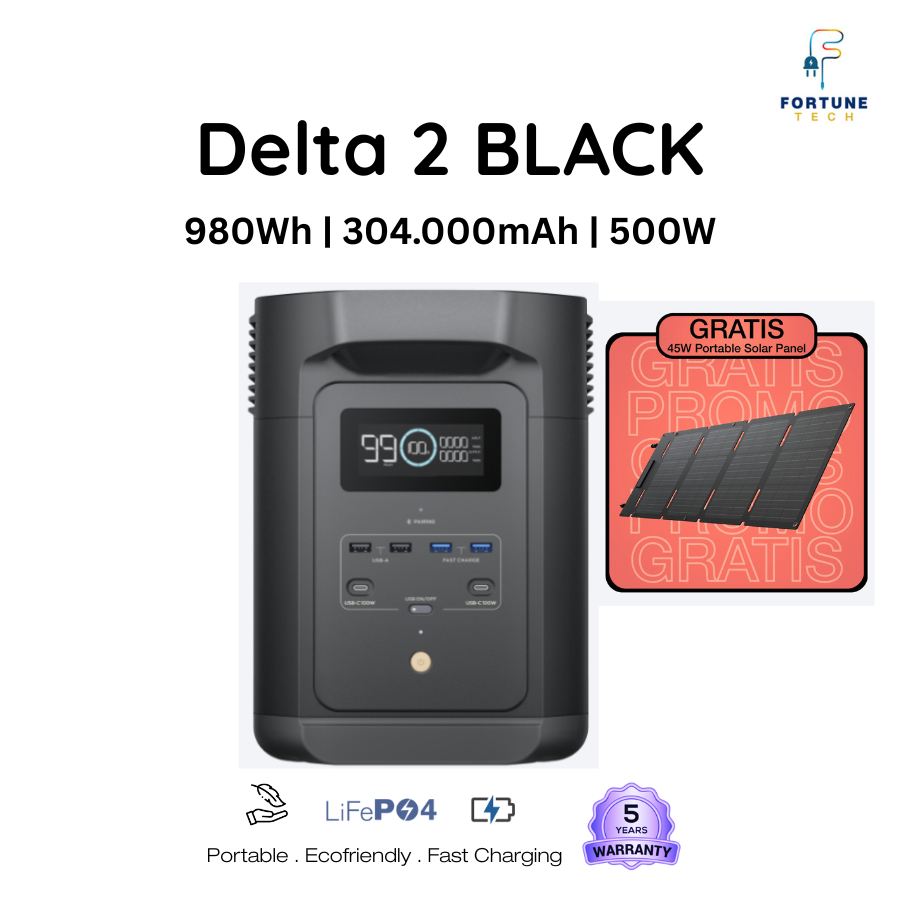 DELTA 2 BLACK (E980) 980Wh 500W Genset Listrik Garansi 2 Tahun Genset Baterai Pembangkit Listrik Hyb