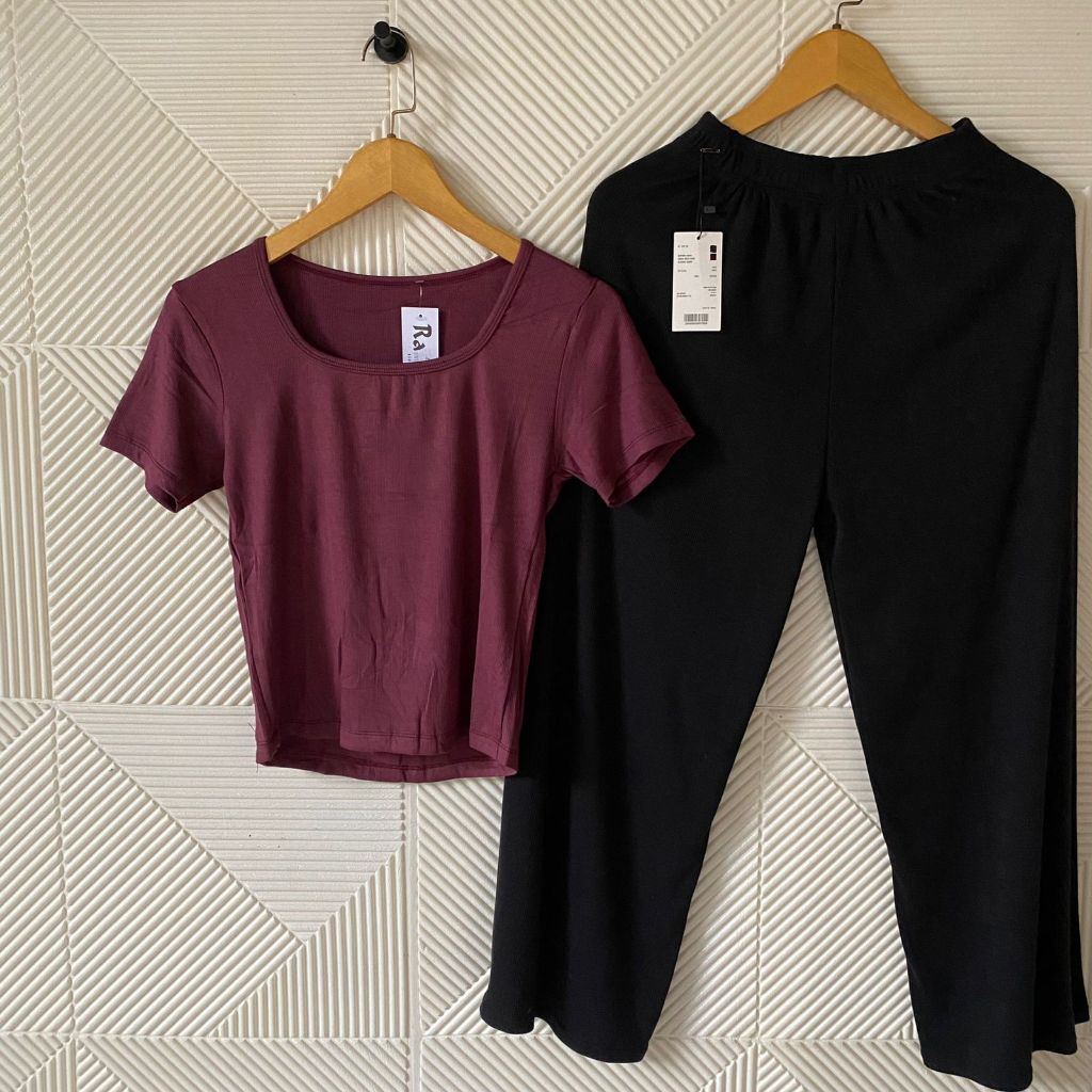 Setelan Celana Panjang Crop Kerah Kotak/Set Lengan Pendek Square Neck Korean Wanita/One Set Terbaru