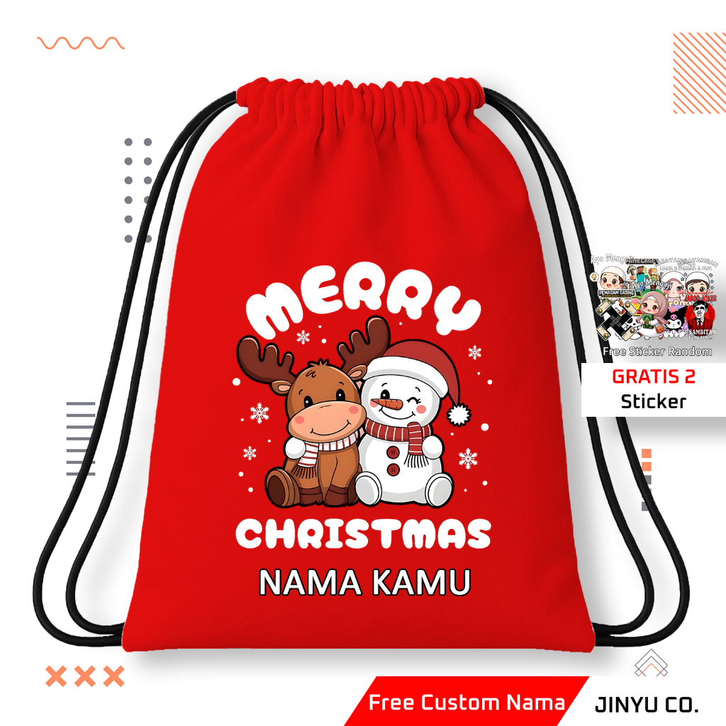 Tas Serut Anak Merry Christmas 2025 Gratis Nama | Tas Serut Anak Natal Custom Nama | Tas Natal Anak