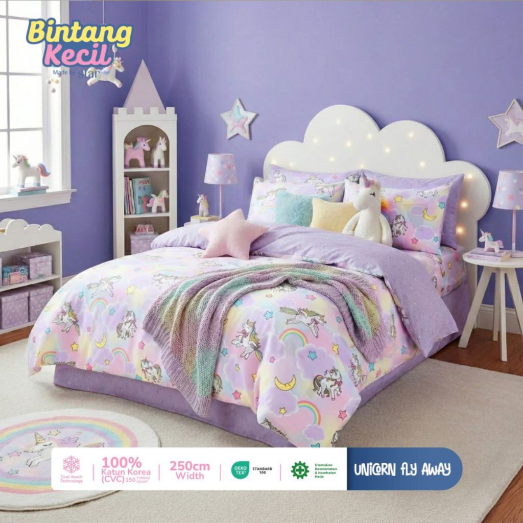 Bahan Sprei Katun CVC Motif Unicorn Merk Star, Esra, Bintang Kecil Lebar 2.5m