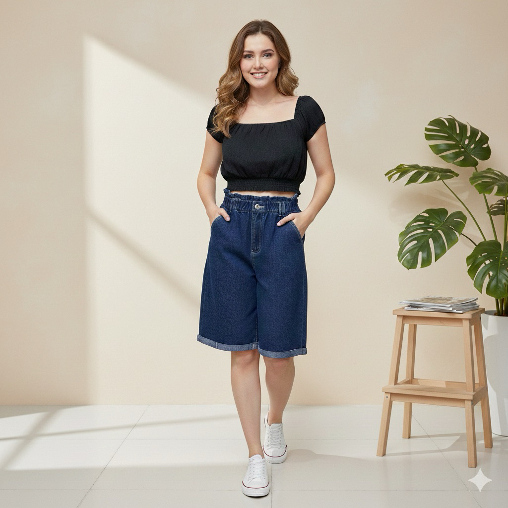 one set atasan crop dan jeans biker wanita