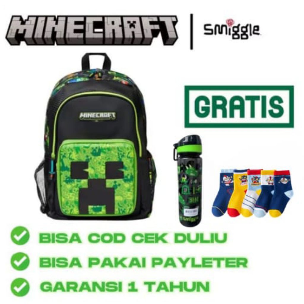(BONUS+ KAOS KAKI+BOTOL) MINECRAFT/ANAK-ANAK/TAS RANSEL SMINGGEL MINECRAFT/TAS RANSEL MINECRAFT ORIG