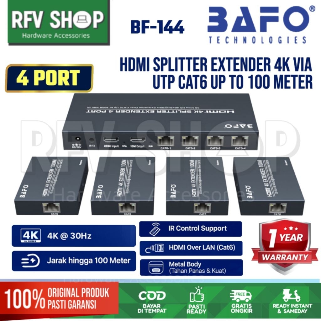 BAFO HDMI Extender Splitter 2 Port / 4 Port Via UTP LAN CAT.6 up to 100 Meter Support 4K30hz BF-143 