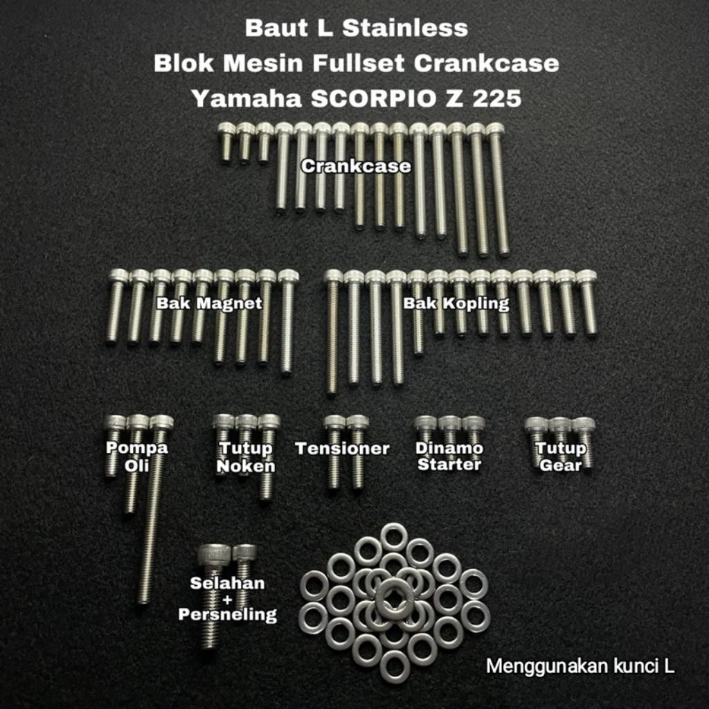Baut L Stainless Blok Mesin YAMAHA SCORPIO Z 225 Asli Stainless Steel Anti Karat 100% Stainless