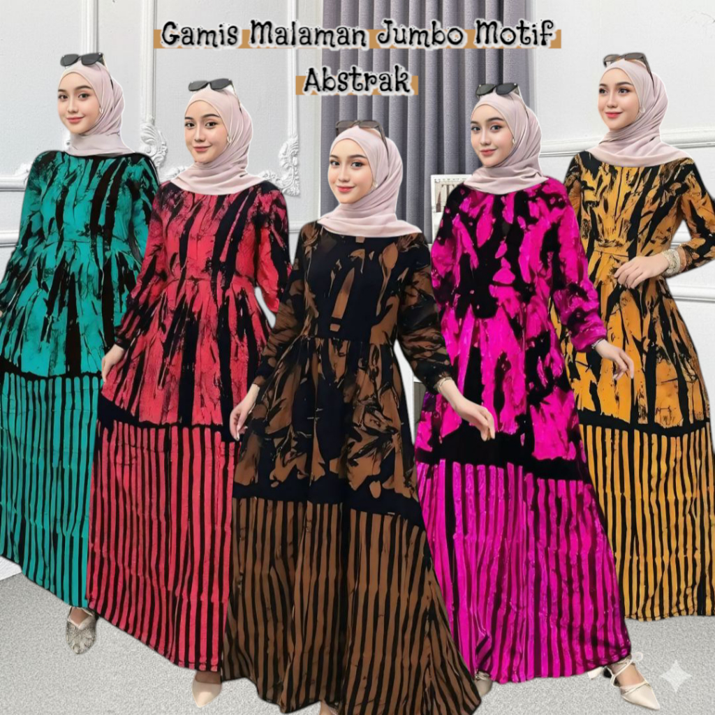 GAMIS MALAMAN M L XL XXL MOTIF BATIK ABSTRAK MODERN/GAMIS JUMPUTAN RAYON TEBAL LD 120CM PJ 140CM BUS