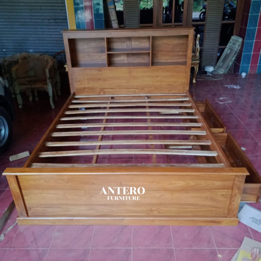 tempat tidur headboard rak buku kayu jati solid laci 3 samping kiri/kanan dipan