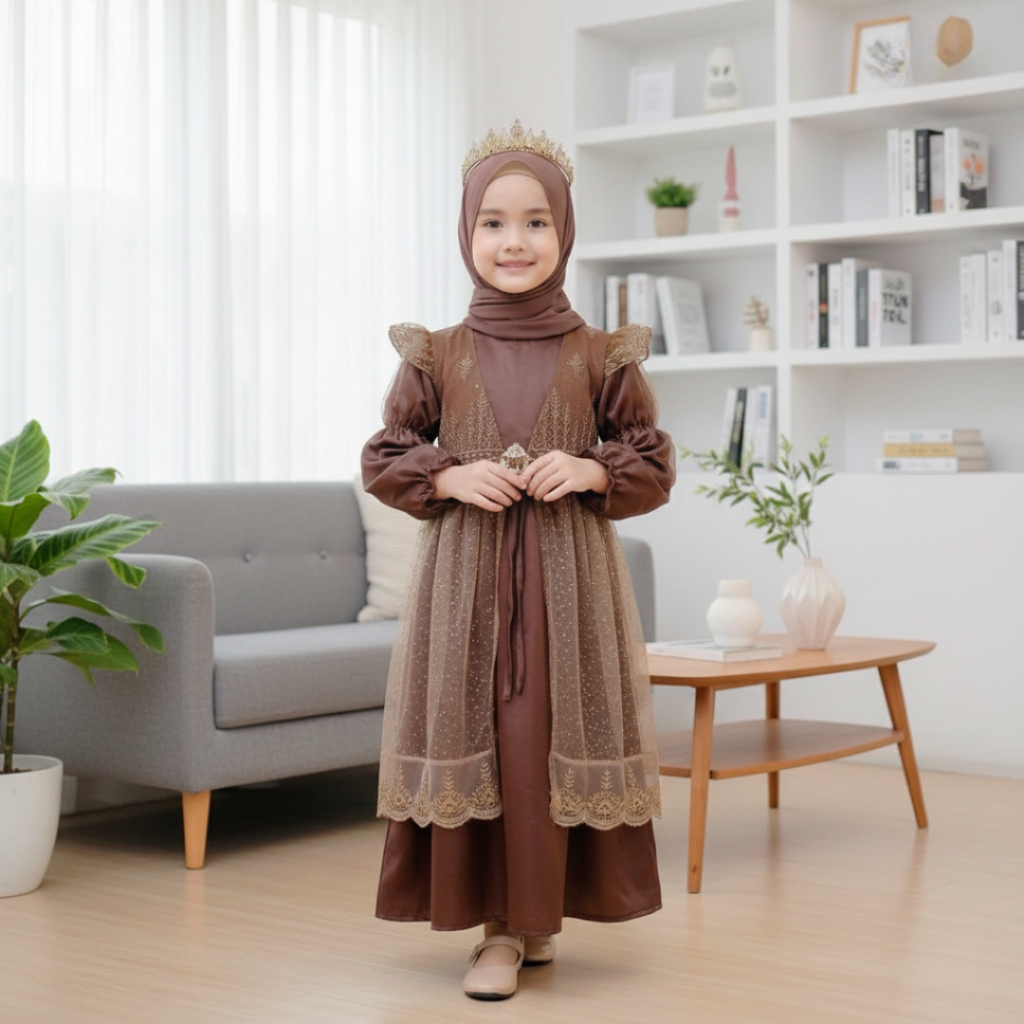 VITA – AZZUMI Dress Anak ROSY BROWN (5–8 Tahun) Bahan VELVET MIX TILLE BROKAT Glitter Premium Gamis 