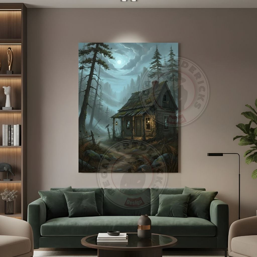 Lukisan Printing Kabin Kayu Hutan Malam Bulan Purnama 60x75 Cm Bingkai Fiber Kaca Siap Gantung Hiasa