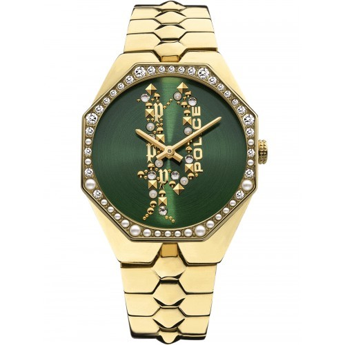 Jam Tangan Wanita Police Montaria Green Dial Gold Stainless Steel Strap PEWLG2109603 Original