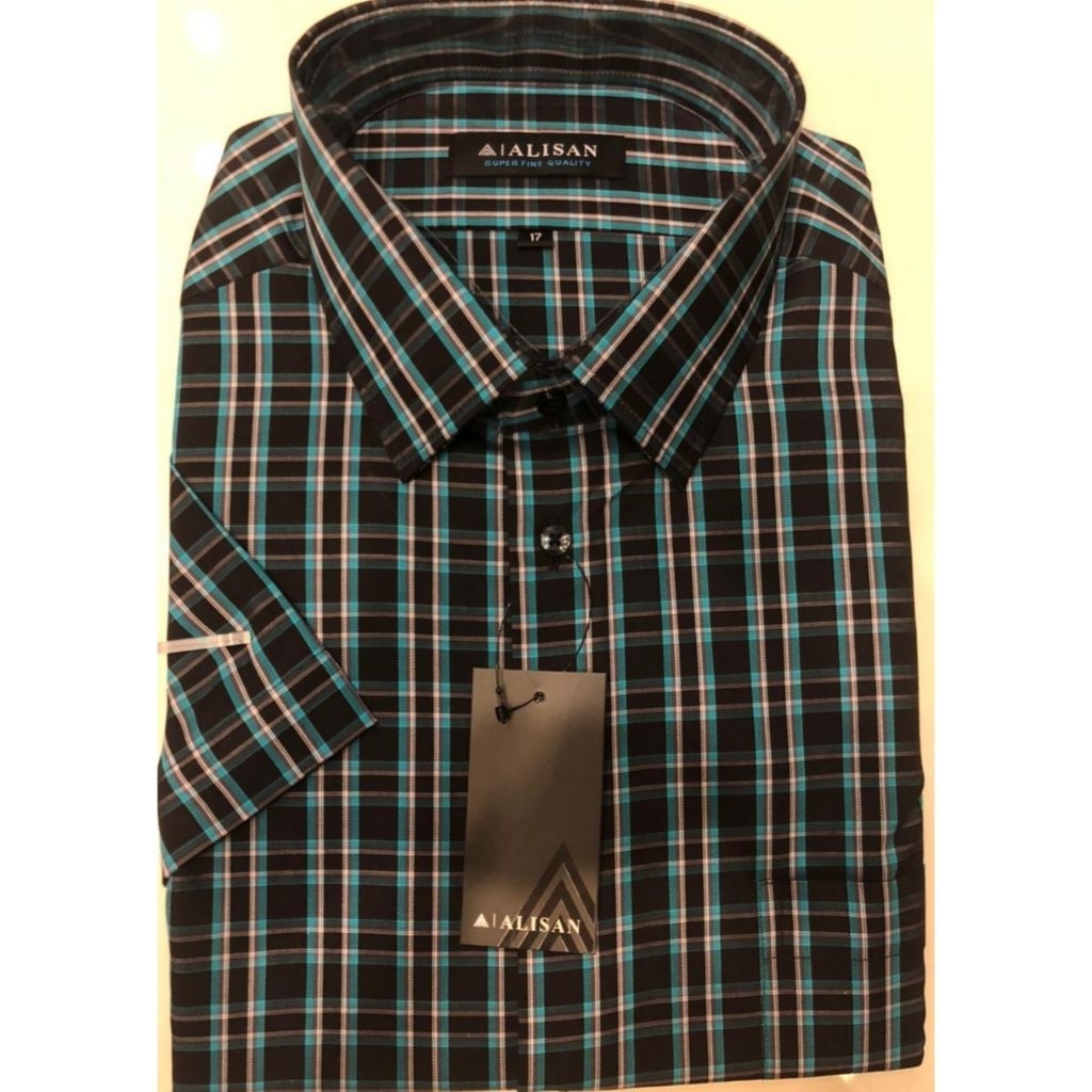 Kemeja Alisan Motif Kotak Salur 16,5-17,5 Lengan Pendek Reguler