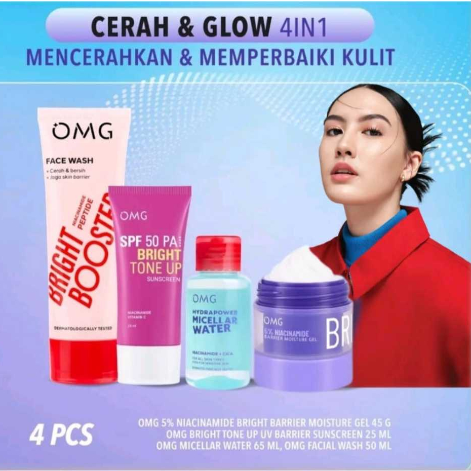 OMG OH MY GLOW Paket Skincare Glowing Lengkap 4in1 (MoisturizerGel+FaceWash+Sunscreen+Micellar)