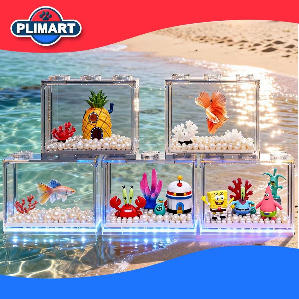 Aquarium 16×15×11 cm Full Set SpongeBob – Dekorasi Rumah + Karang + Filter / Tank Ikan Cupang / Aqua