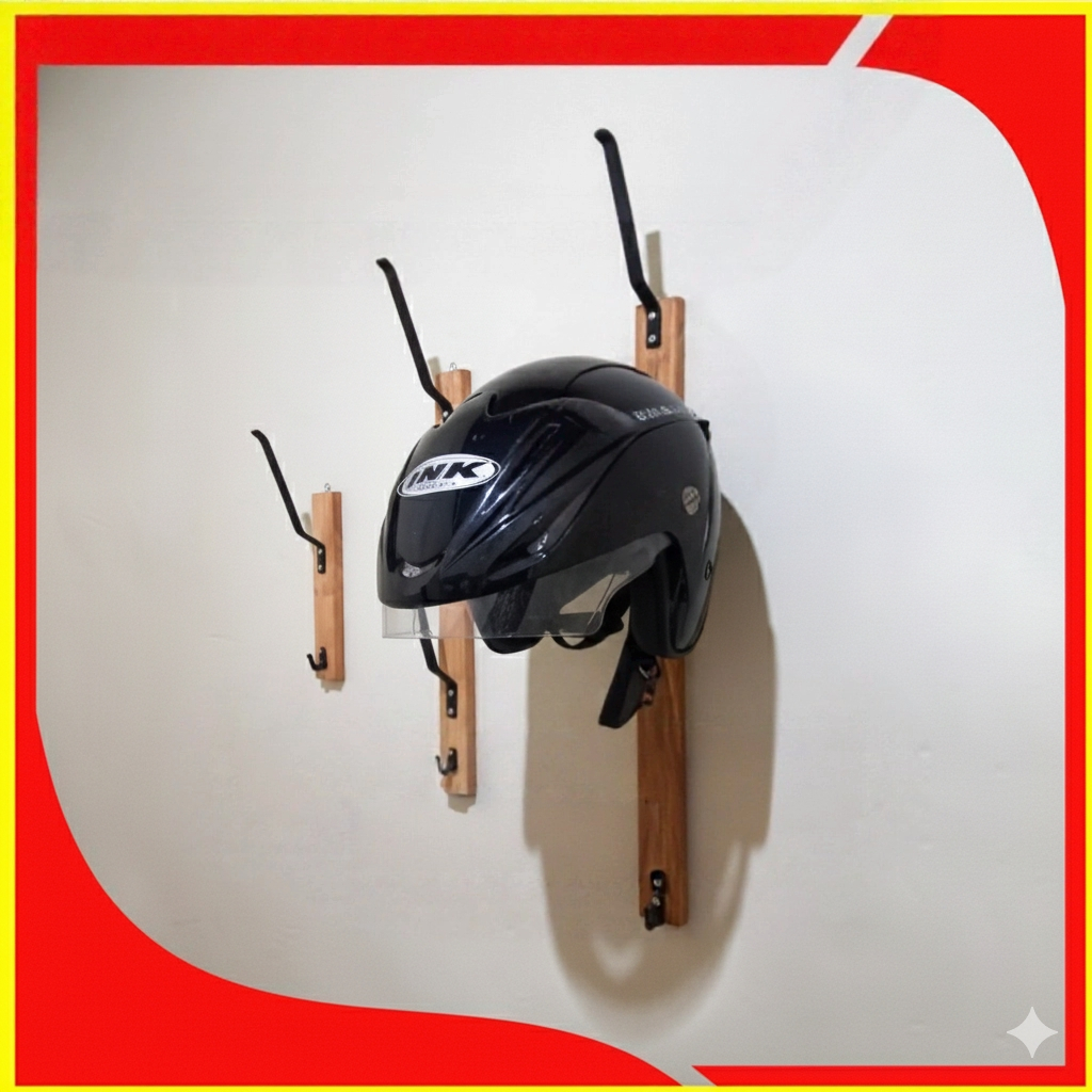Rak helm gantung 3,4,5 susun / gantungan helm dinding, Tempat helm kayu / gantungan helm susun kayu
