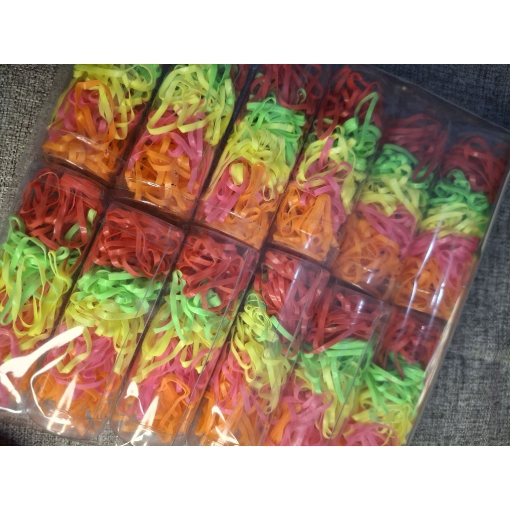 12 pcs karet gelang rambut tabung warna neon  (8,5x3 cm) toples kecil