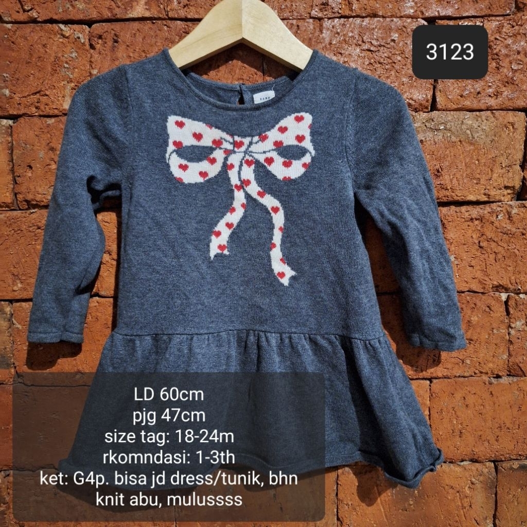 DRESS KNIT ABU G4P GAMBAR PITA ANAK 1-2 TAHUN MURAH (3123)