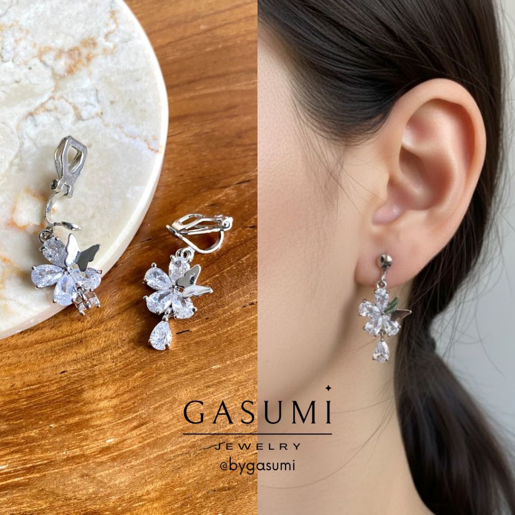KEZIA - Anting Jepit Tanpa Tindik Bunga Flower Butterfly Perak Earclip Clip Earrings Klip Giwang Kle