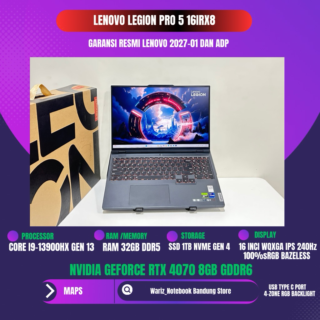 LENOVO LEGION PRO 5 16IRX8 CORE I9-13700HX NVIDIA RTX 4070 RAM 32GB SSD 1TB 16inci 240Hz FULLSET