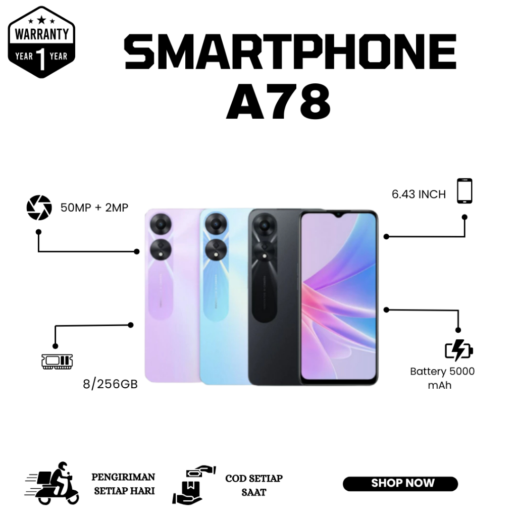 HP SMARTPHONE A78 RAM 8/256 GB CZMERA 50 MP BATERAI 5000 MAH LAYAR 43 INCH BISA COD