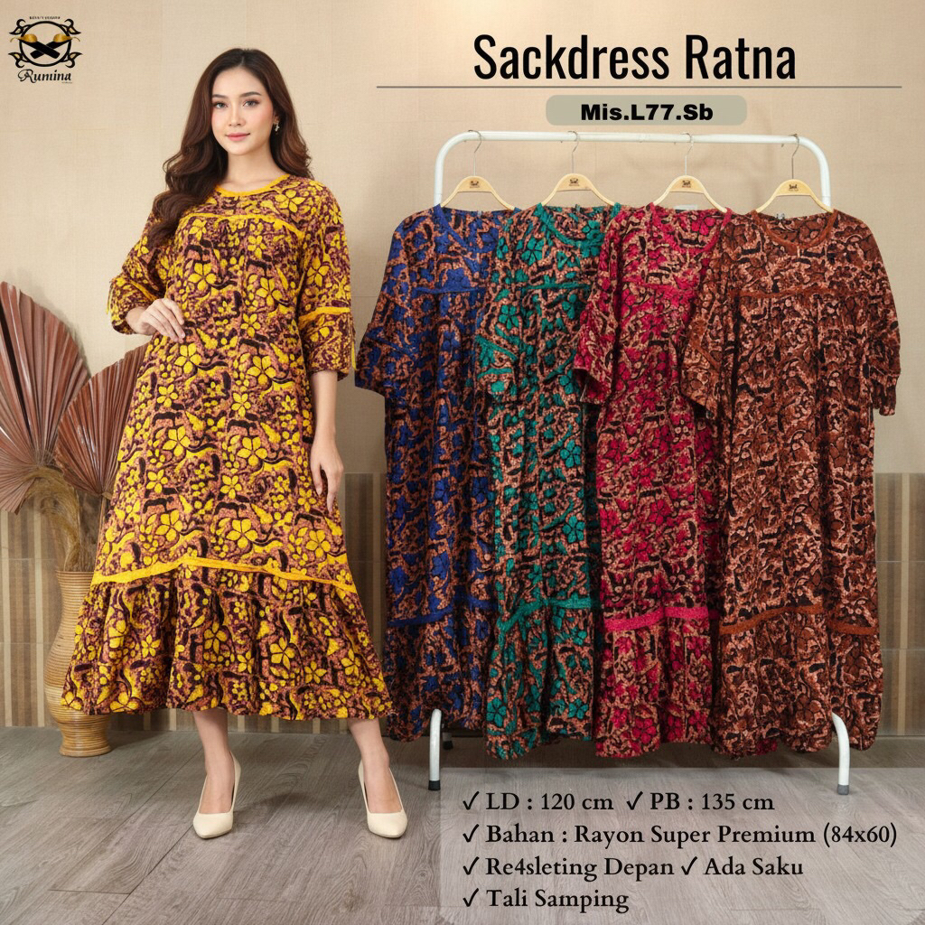 RUMINA (LD 120 PB 135) SACKDRES RATNA Santung Batik Cap Bahan Rayon Tebal Adem Ori Batik Cap By Rumi