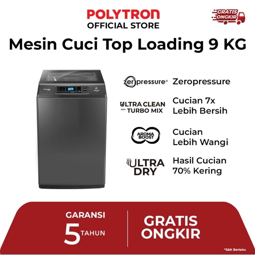 POLYTRON MESIN CUCI TOP LOADING 9KG ZEROMATIC LAGUNA HIJAB PAW9028