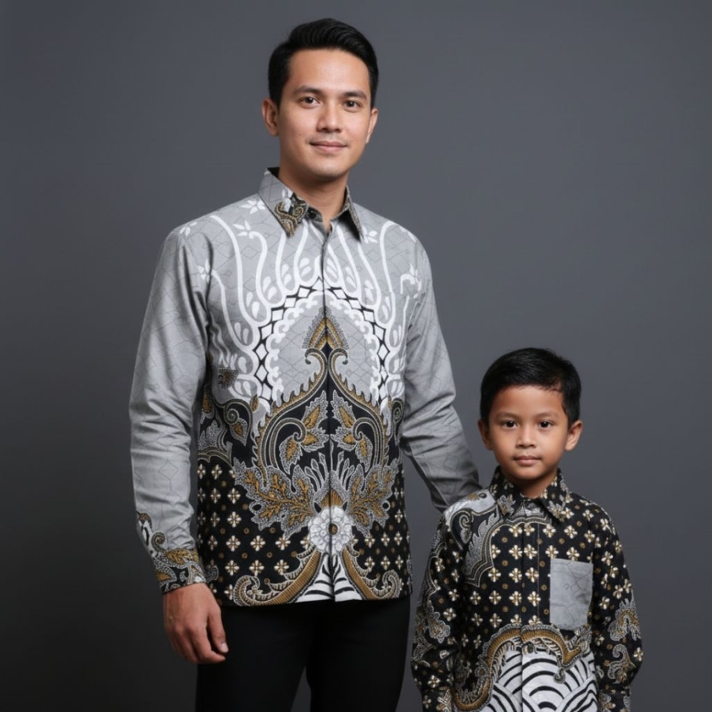 BATIK SERAGAMAN SARIMBIT COUPLE AYAH DAN ANAK KATTUN SOLO FURING SILVER ABU MUDA