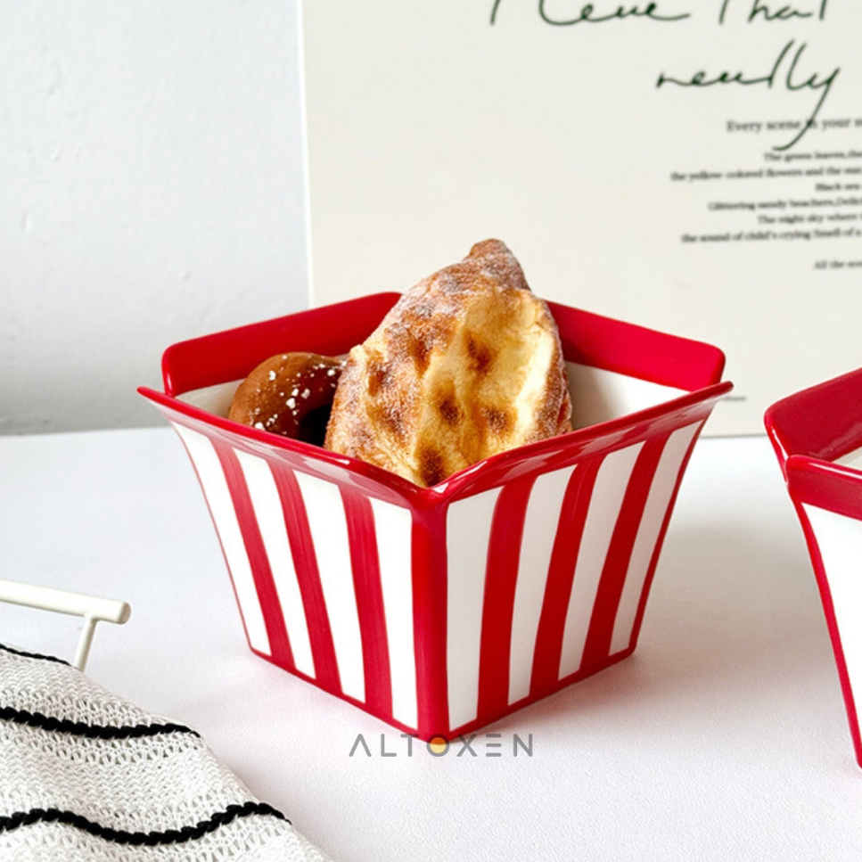 Mangkok Keramik Bentuk Popcorn Kotak Motif Garis Merah Putih Popcorn Bowl Cantik Snack Dessert Ceram