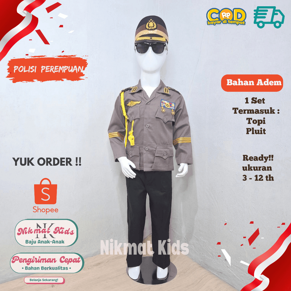 Nikmatkids baju polisi anak perempuan polwan seragam polisi anak kostum polisi anak sabara hijab tk