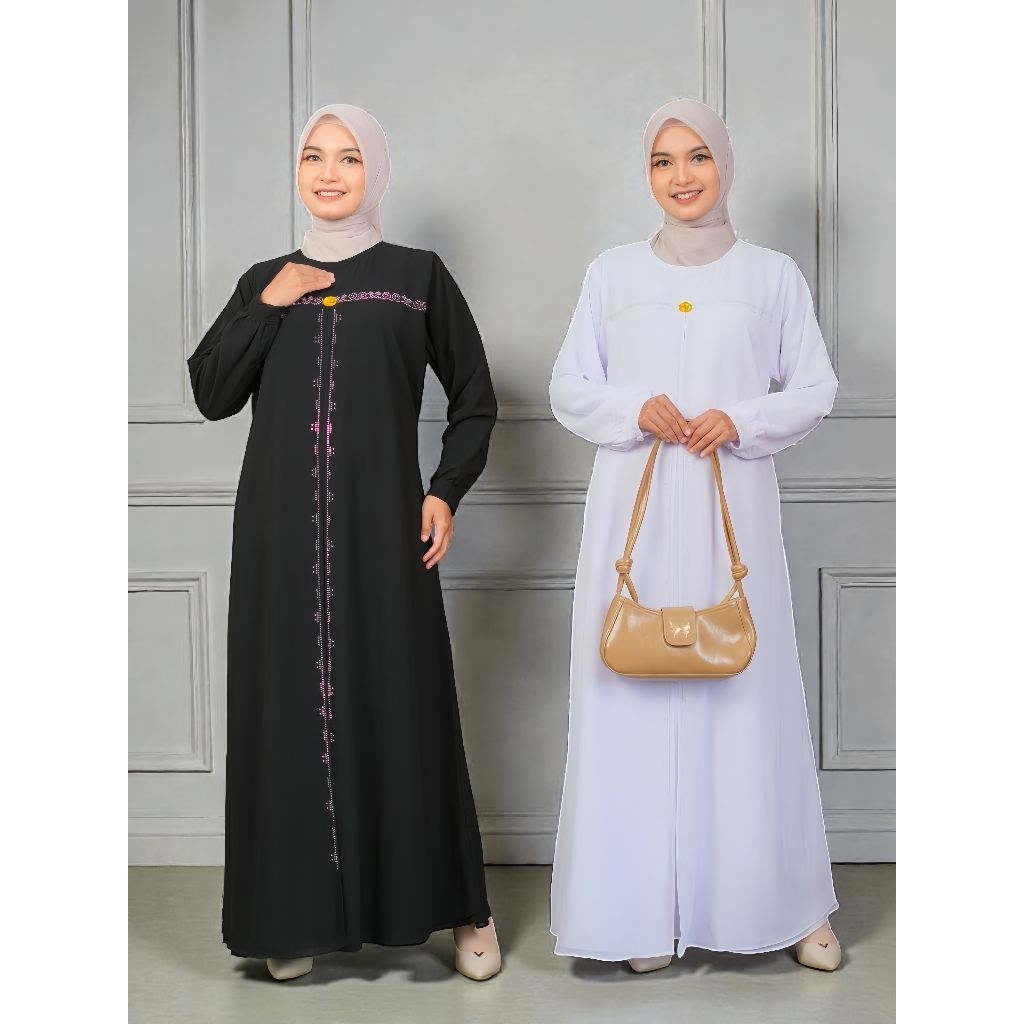 Elmeera Dress gamis polos hitam putih bahan ceruty import