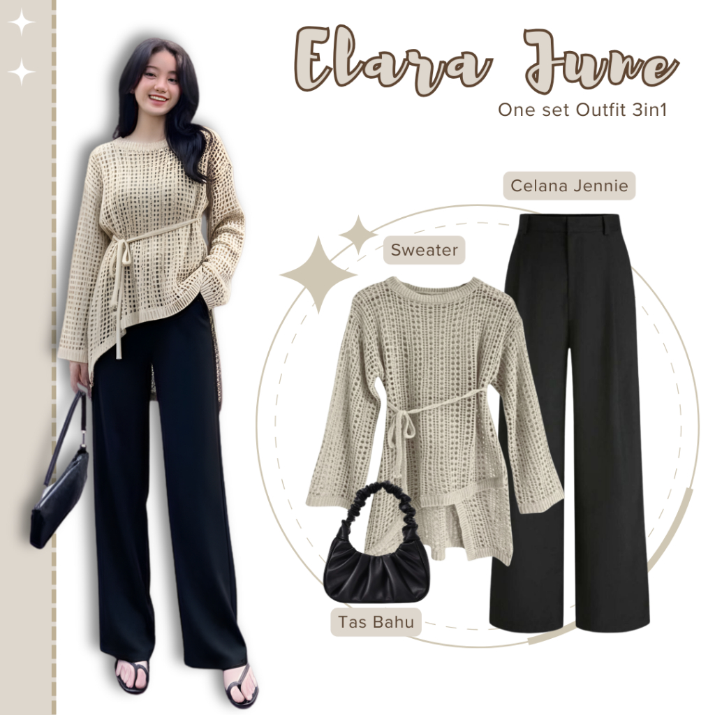 Elara June - 1Set Outfit Wanita (Sweater Yuruma + Celana Jennie + Tas) Set OOTD Gereja Natal dan Tah