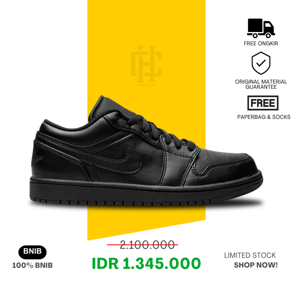 Sepatu Air. Jordan 1Low PureBlack TripleBlack AllBlack Black 100% BNIB Authentic
