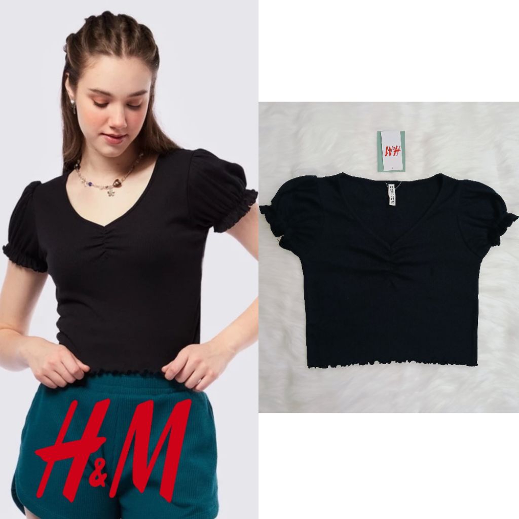 Atasan Kaos H&M Wanita Puff Sleeves Ribbed Top Atasan H&M Wanita Kaos Wanita
