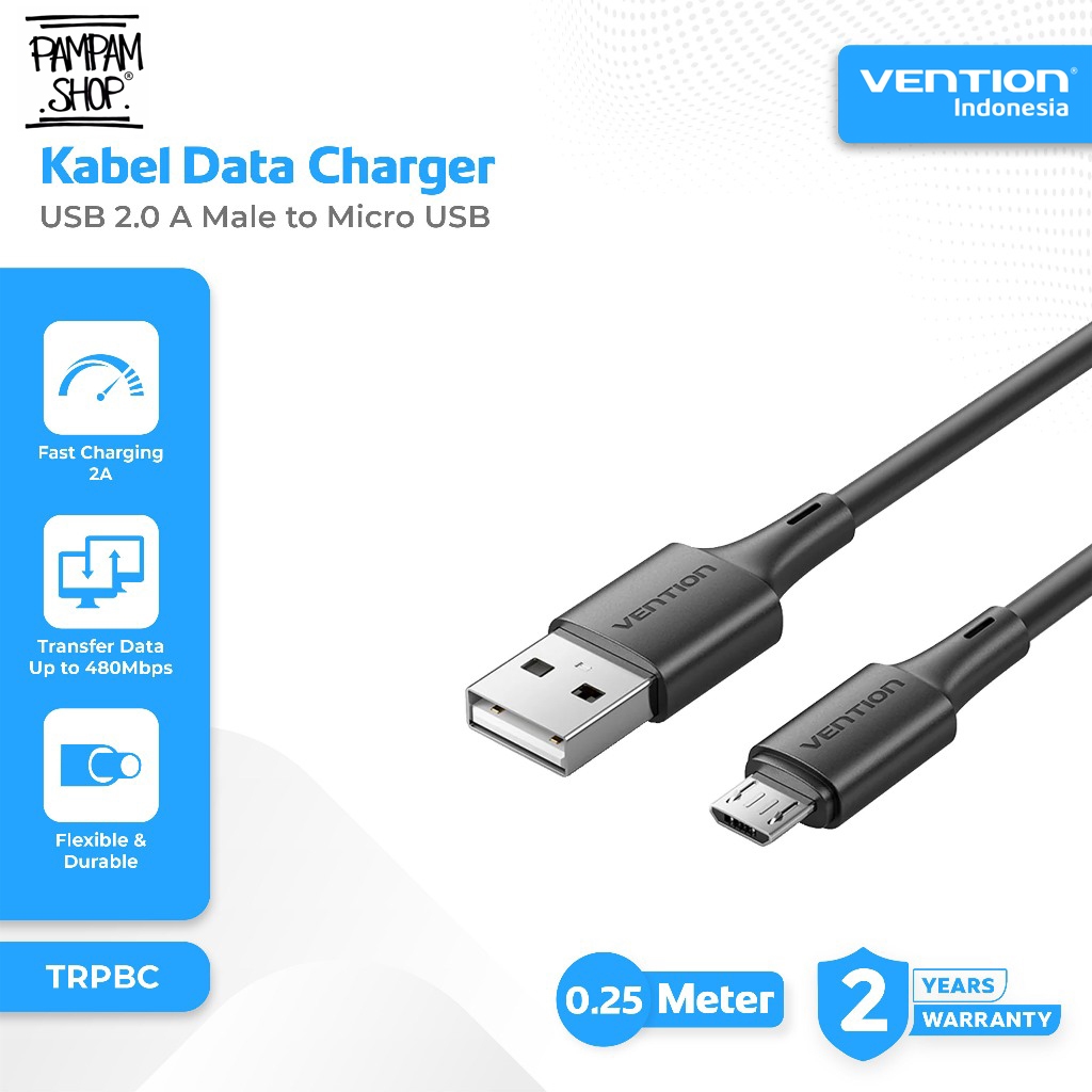 VENTION TRPBC Kabel Data Powerbank USB 2.0 A Male to Micro USB 25CM Fast Charging 10 Watt 2A Nickle 