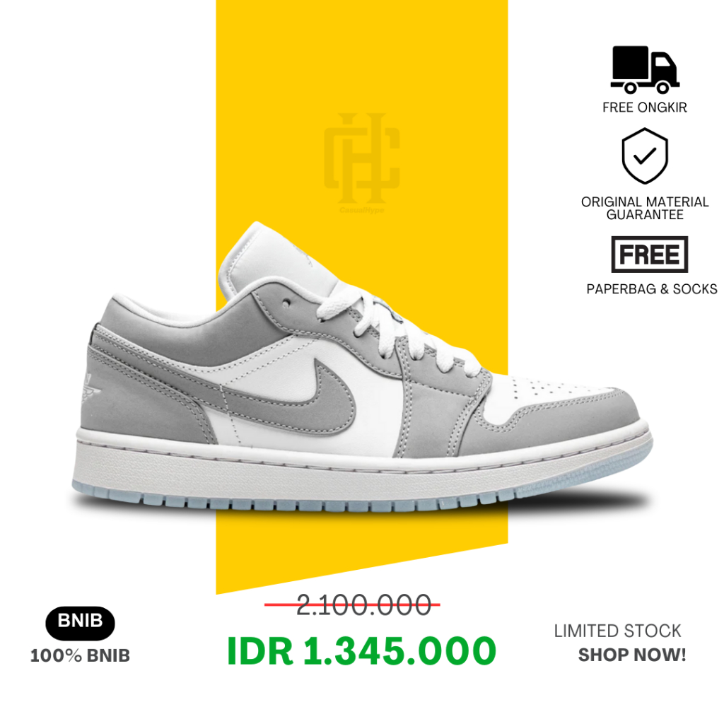 Sepatu Air. Jordan 1Low Grey White GreyWolf 100% BNIB Authentic