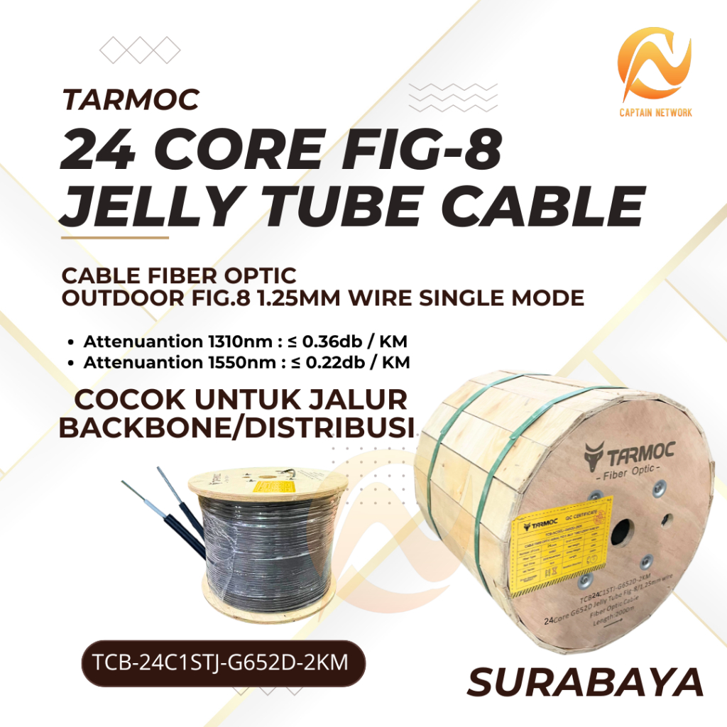 Tarmoc TCB-24C1STJ-G652D-2KM | Fiber Optic Cable G652D Fig-8 Jelly Tube 24 Core 2000m  Kabel FO 24C 