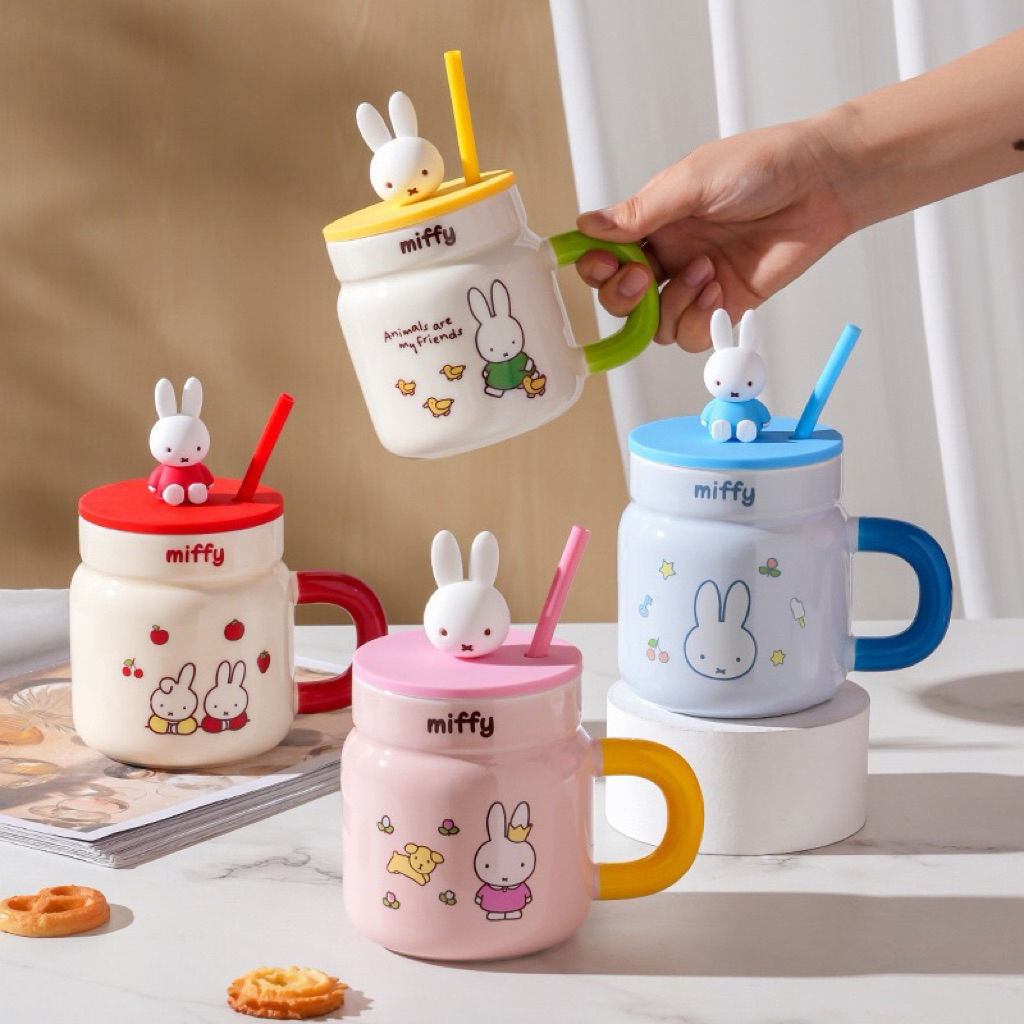 GL 35 SATUAN Gelas Mug dengan Tutup dan Sedotan Keramik Miffy Kelinci Rabbit Cute Lucu  Sedotan / Mu