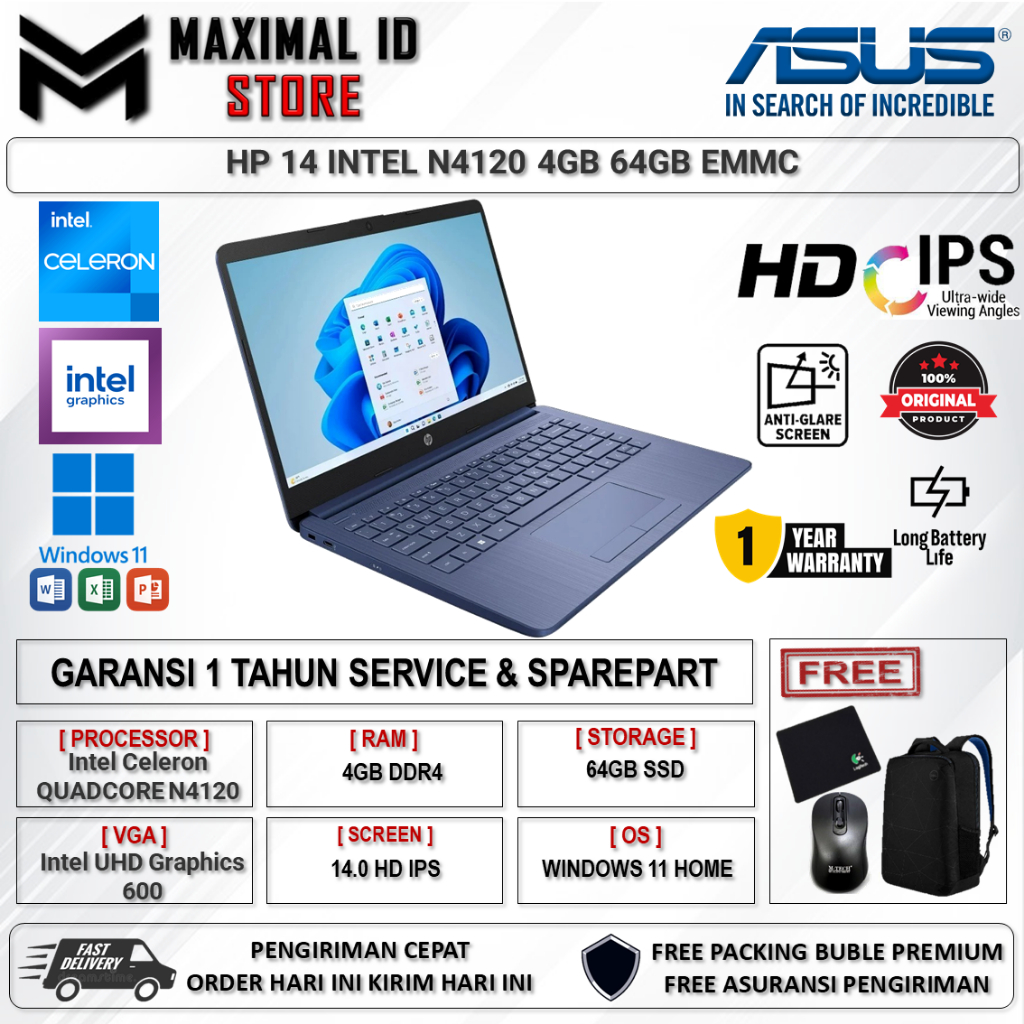 Laptop HP 14 Intel N4120 4GB 64GB EMMC 14.0 Win11Home White