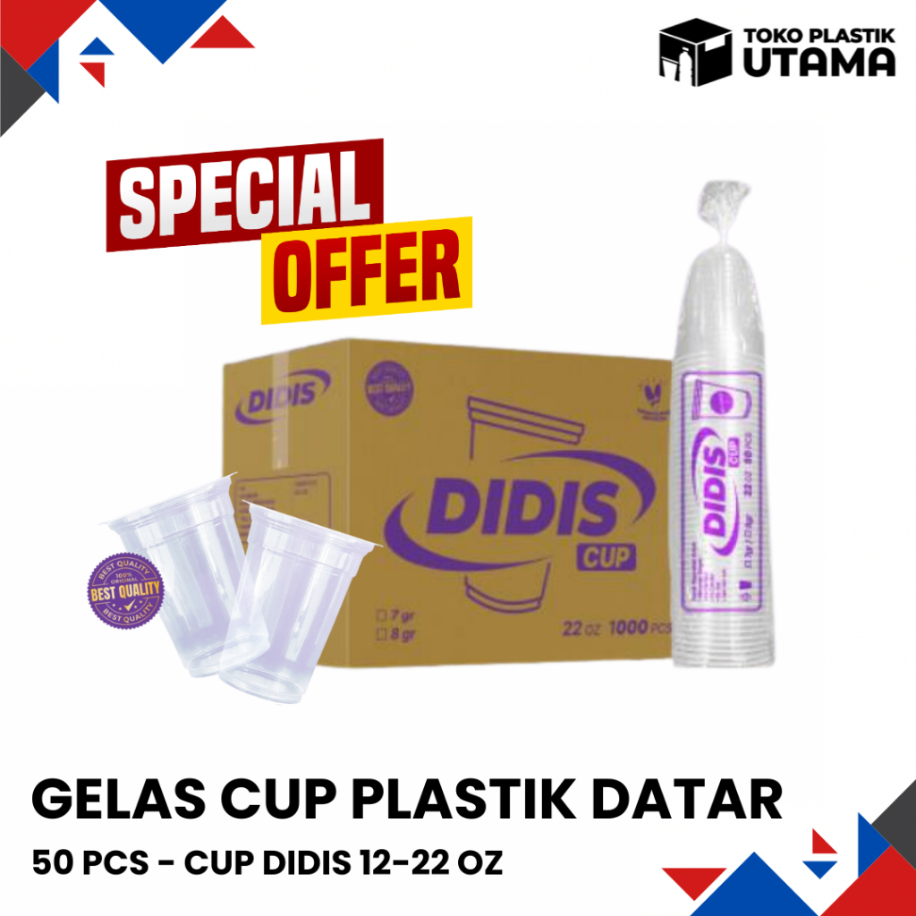 [50 PCS] Gelas Cup Plastik Datar Didis 10oz 12oz 14oz 16oz 22oz