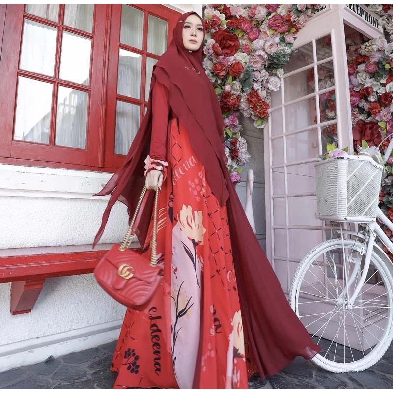 Gamis Zareen Syari By Eldeena Ceruty Printing Set Hijab Dress