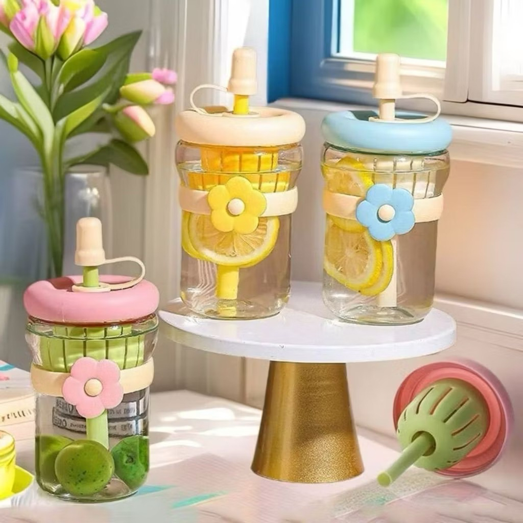 Botol Minum Kaca Daisy Gelas Kaca Bunga Aesthetic 500ml Free Sedotan