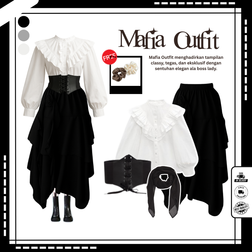 Outfit Yearbook Mafia Viral ( Bella Square + Obi Belt + Blouse Lelana + Rok Bellerose ) One Set Rok 