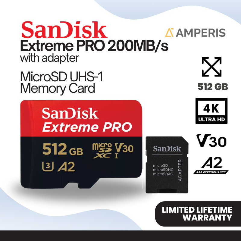 SANDISK Extreme PRO MicroSDXC 512GB 200 MB/s UHS-1 C10 U3 V30 A2 4K for Drone Camera CCTV Smartphone