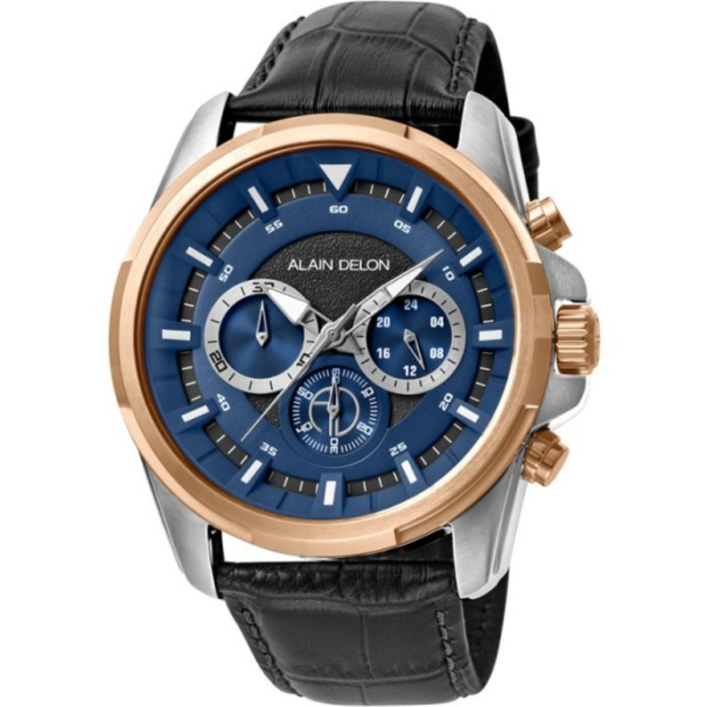 Jam Tangan Pria Alain Delon Blue Dial Black Leather Strap Analog AD437-1382C Original