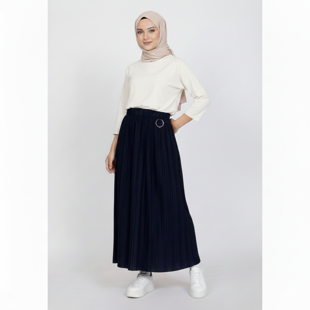 Rok Plisket Jumbo Navy Blue Premium Polyester Stretch Panjang 94cm All Size Fit to XL/XXL Maks BB 11