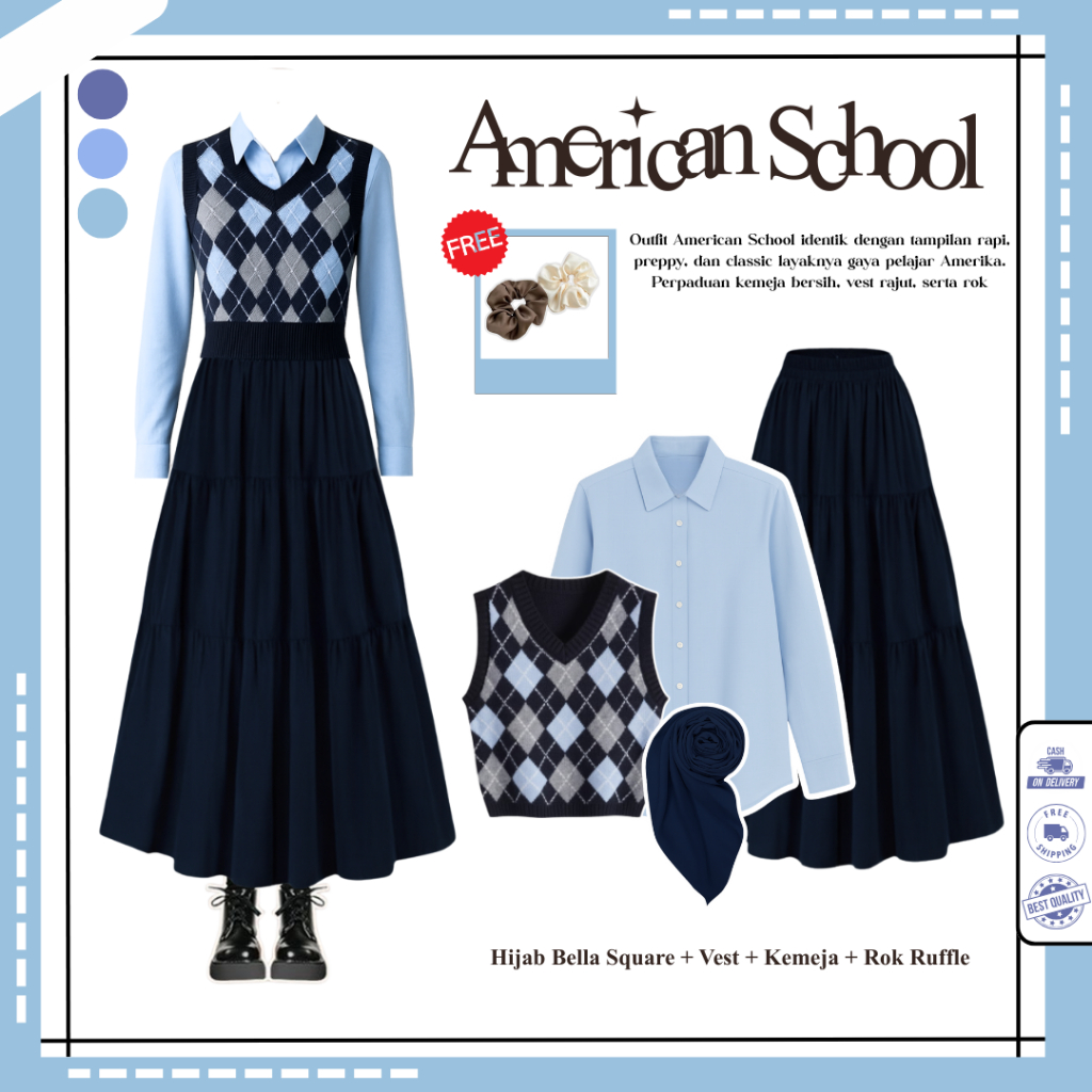 American School Yearbook  ( Bella Square + Vest Diamond + Kemeja + Rok Ruffle ) Yearbook Viral - N86